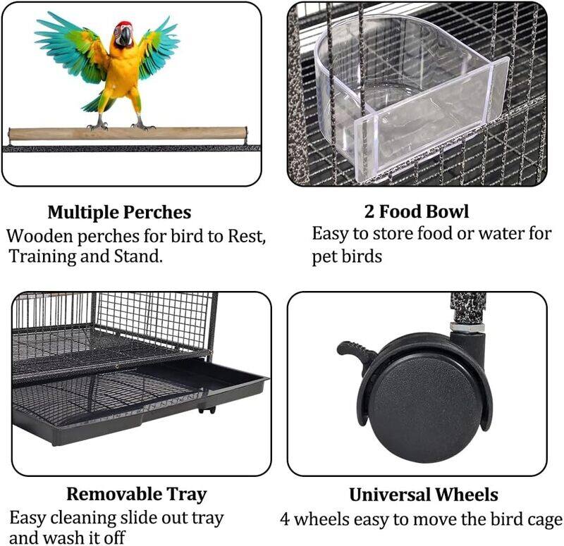 Bird cage Wrought iron with handle wooden perch, Plastic food bawls, and removable tray, Play top bird cage for Small Parrots, Lovebirds, Canaries and Budgies 95 cm (Black)